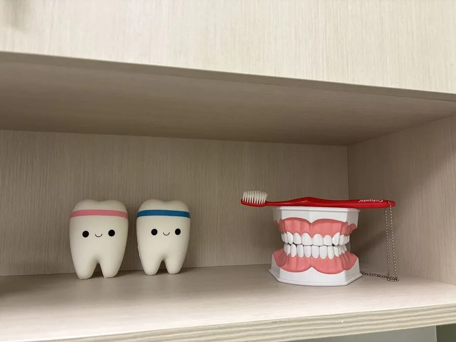 Playful tooth mascots and a dental model on a shelf in the On Demand Dental office